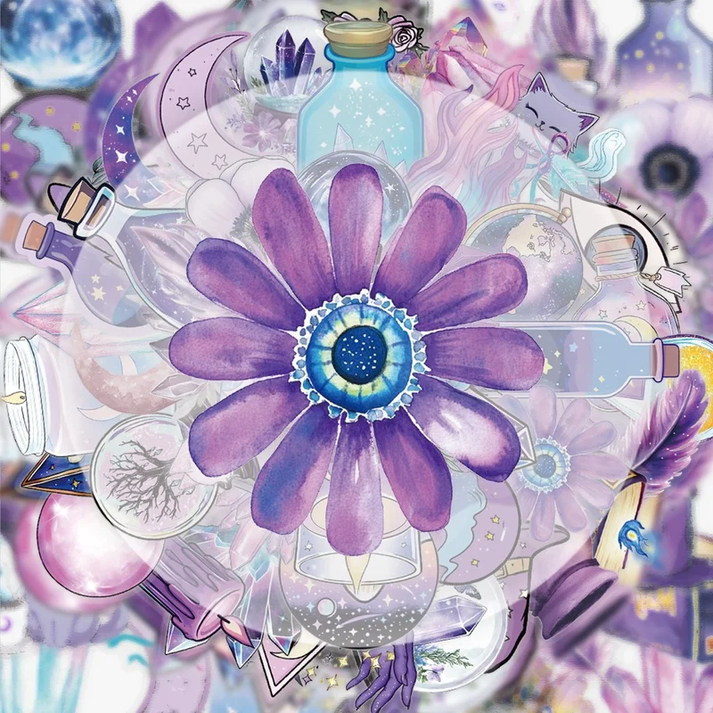 

50 штук фиолетовых винтажных волшебных наклеек, яркие наклейки, несколько стилей без дублирования, подходят для бутылок с водой, ноутбуков, чемоданов, скейтбордов, гитар, украшений для вечеринок