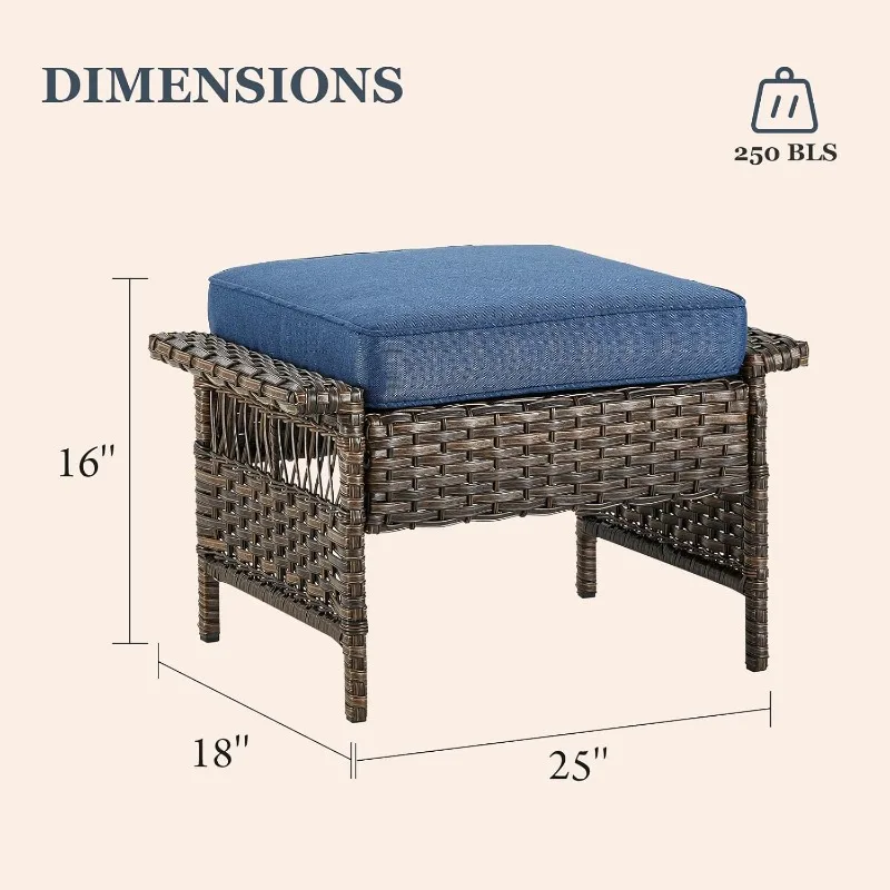 Silla deslizante giratoria de mimbre, 2 reposapiés de ratán PE con mesa auxiliar de mimbre para Patio, cojines azules de mimbre marrón