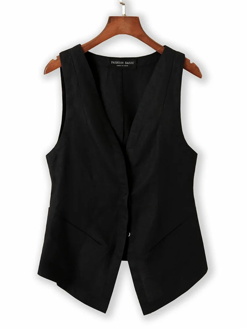 Ladies' ort Linen Vest Spring Summer Autumn Outerwear Ele Breathable Cotton Linen Jaet V-Ne Single Button Design