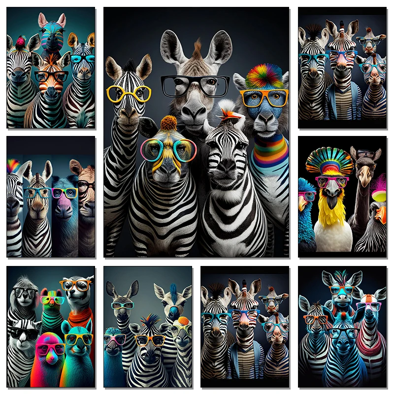 Funny Zebras Canvas Wall Art Pictures Stripe Animals with Glasses Posters and Prints Wall Painting For Living Room Home Decor