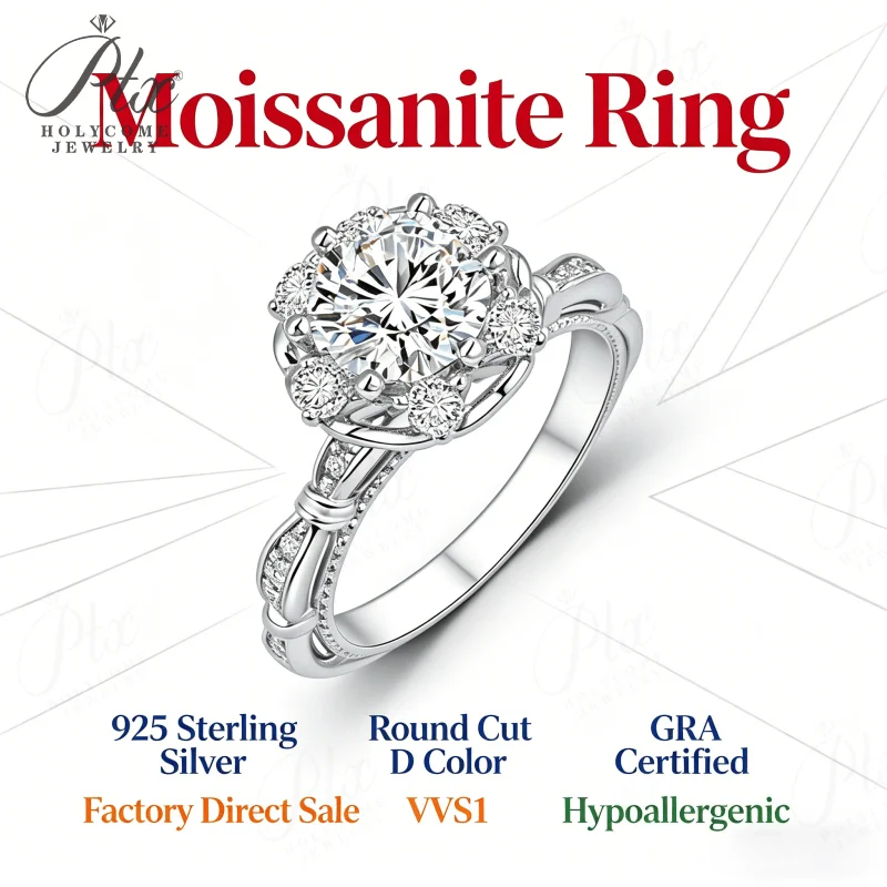 

Moissanite Ring Round Cut D Color VVS1 White Gold Plated 925 Sterling Silver GRA Certified Hypoallergenic Fade Resistant
