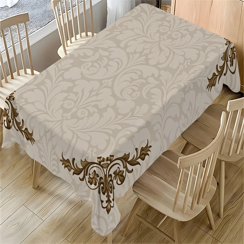 One tablecloth with a light beige base color and brown patterned design, made of high-quality polyester material.