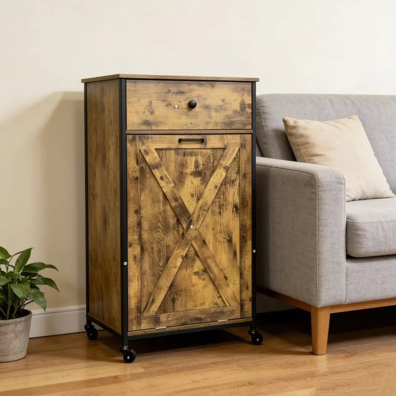 Wooden storage Household hidden kitchen trash can Foreign trade tiltable trash cabinet
