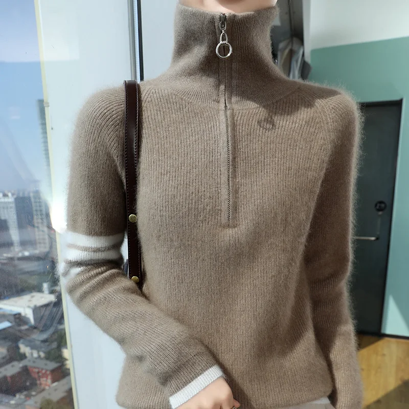 Свитер с воротником-поло, 100% норковый кашемир, осенне-зимний пуловер, женский базовый элегантный теплый костюм на молнии с длинными рукавами, топы
