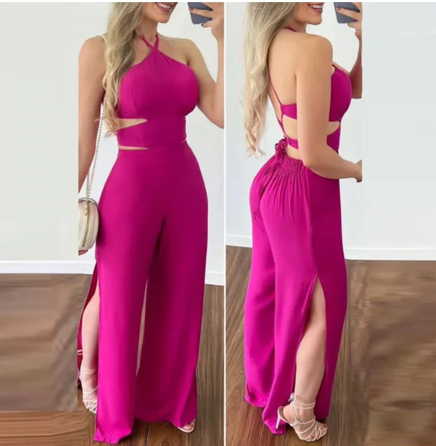 

2022 Women Solid Elegant Sexy Halter Cami Crop Top High Silt Elastic Waist Sexy Working Jumpsuit