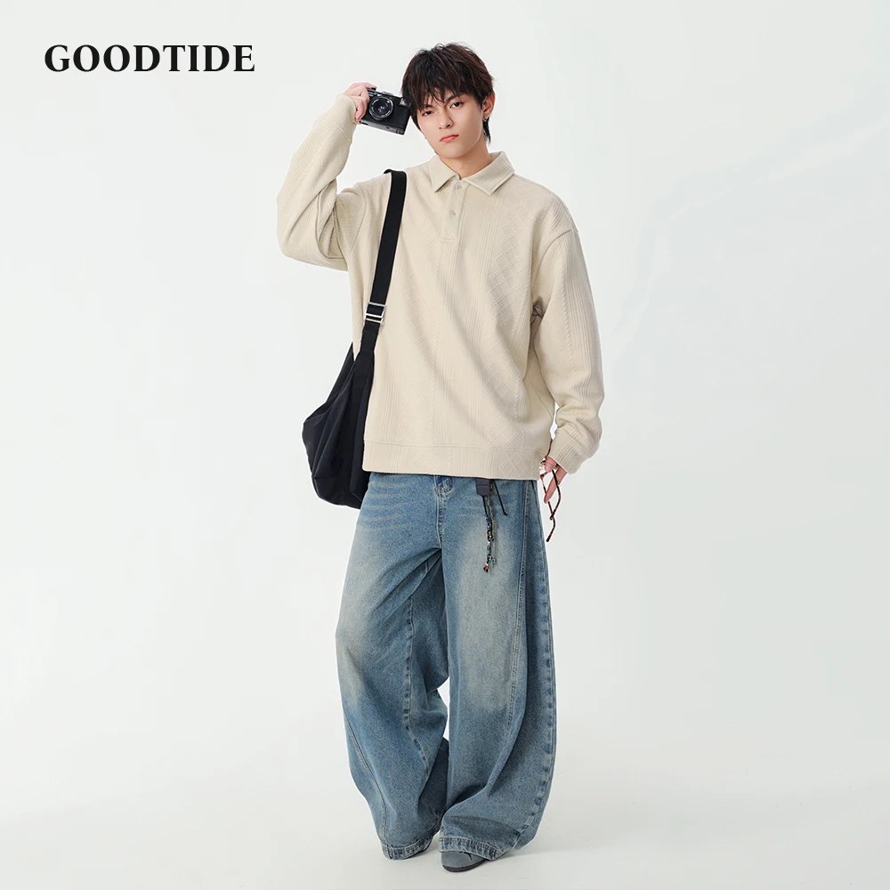 Fashion Men's Casual Long Sleeve Polo Shirt 2025 Winter New Textured Pattern Classic Collar Design Loose Fit Pullover Top