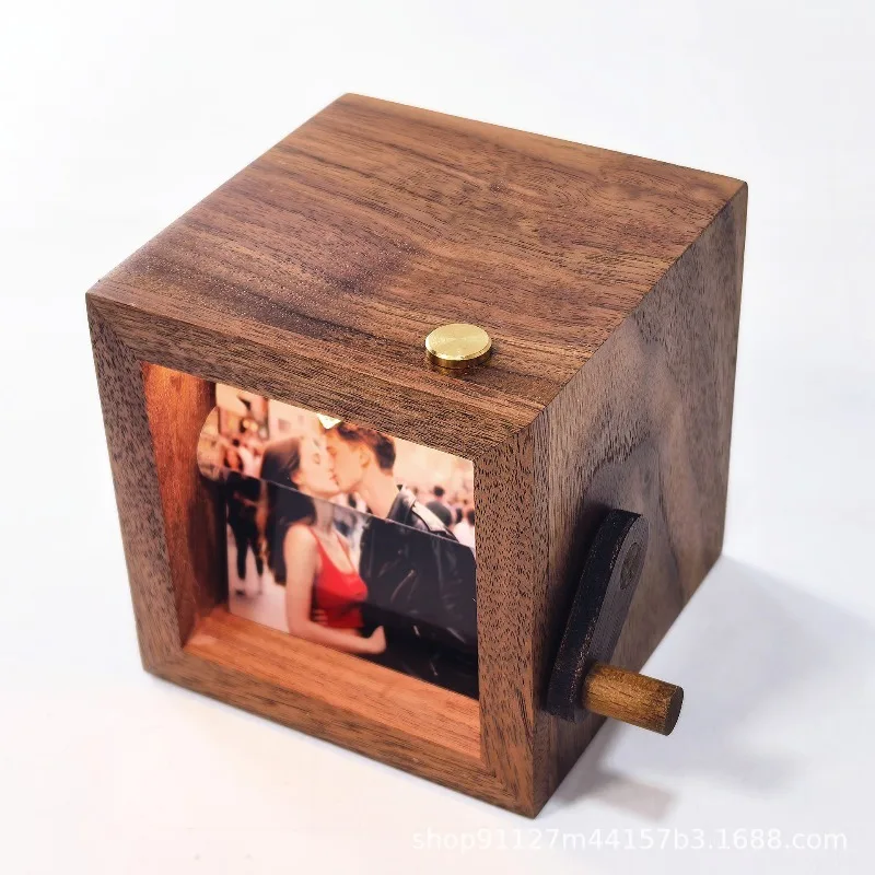 Personalized Wooden Hand Crank Flip Photo Book Luminous Animation Photo Box Custom Couple Memory Keepsake Gift