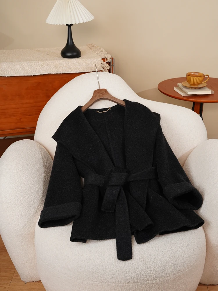 

Double-Faced Woolen Coat with Hood Small Size Casual Loose Autumn Winter New Sle Korean Version Straight Cut Long Sve