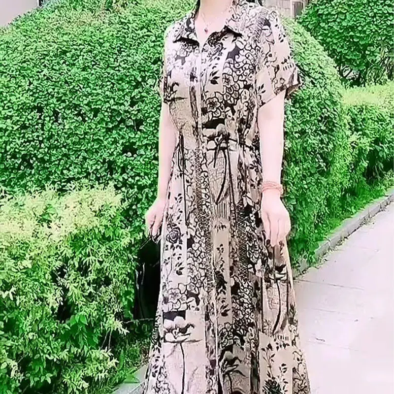 Vintage Printed Single-breasted Midi Dress Casual Turn-down Collar Fashion Drawstring 2023 Summer Female Clothing A-Line Dresses