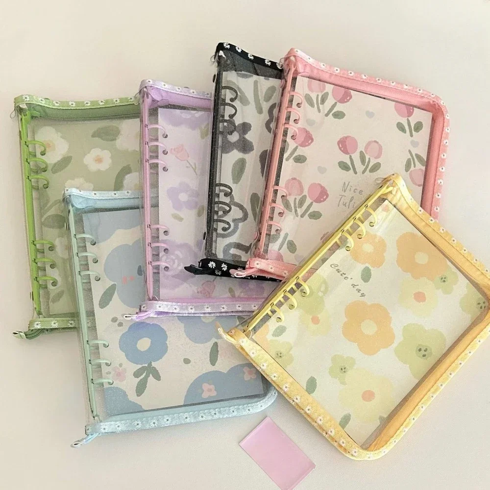 A5 Transparent 6 Holes Binder Clip Notebooks Cover Flower Loose Leaf Hand Book Cover Notebook Ring Binder  School Supplies