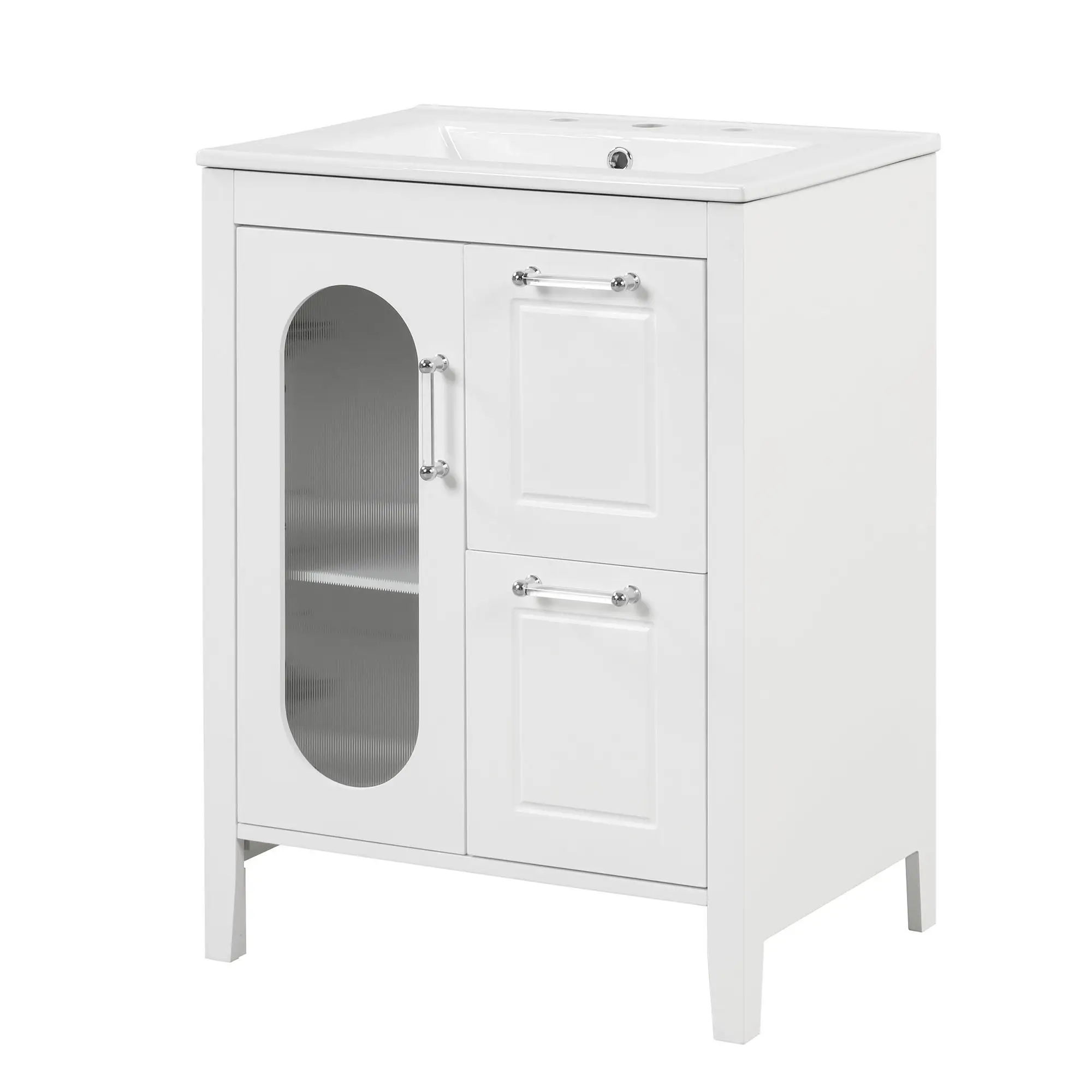 24 White Bathroom Vanity with Sink & Storage, 2 Drawer Cabinet, Adjustable Shelf - Solid Wood &