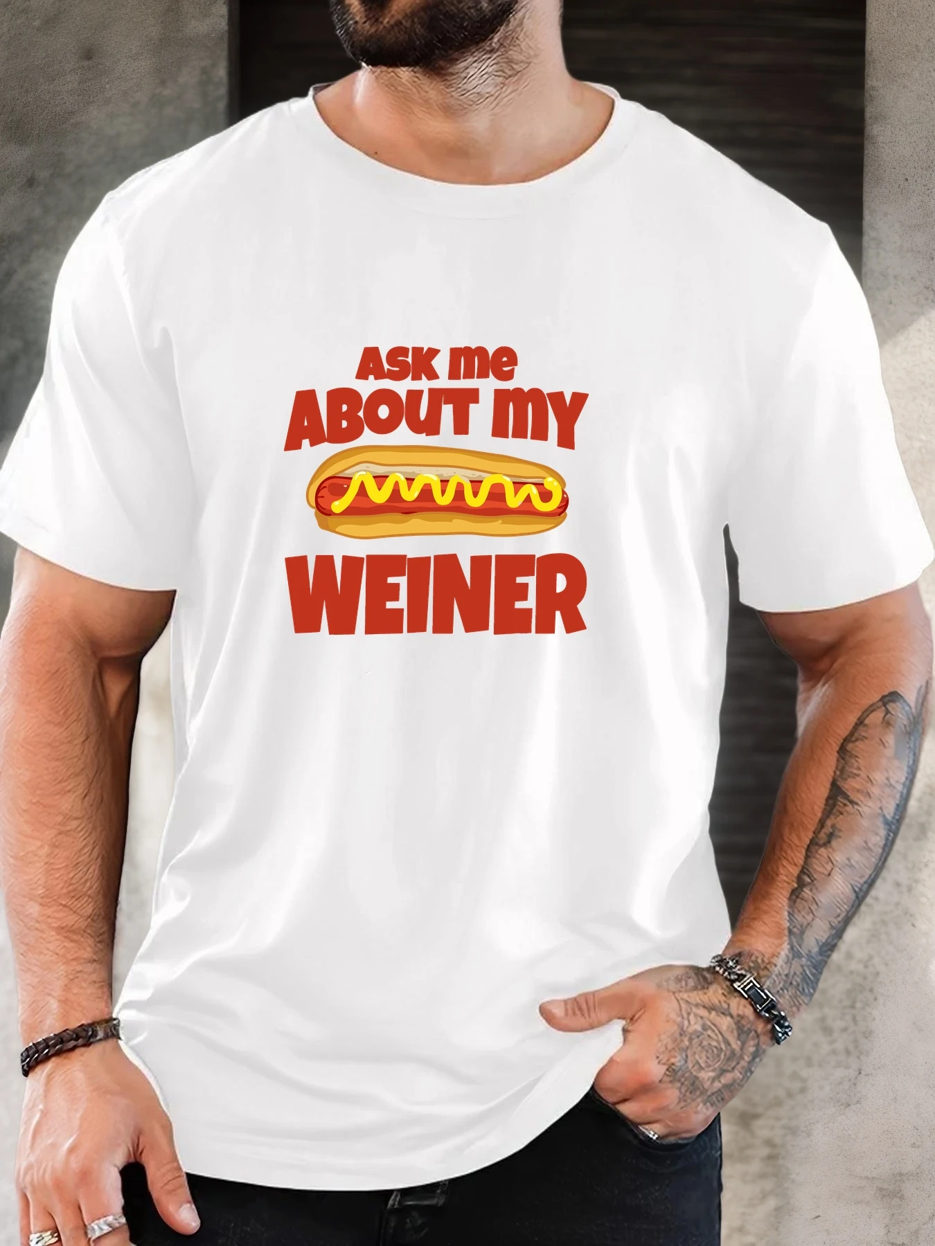 

Ask Me About My Weiner Hot Dog Print Мужская футболка из чистого хлопка с коротким рукавом и круглым вырезом Забавная стильная мягкая дышащая летняя футболка