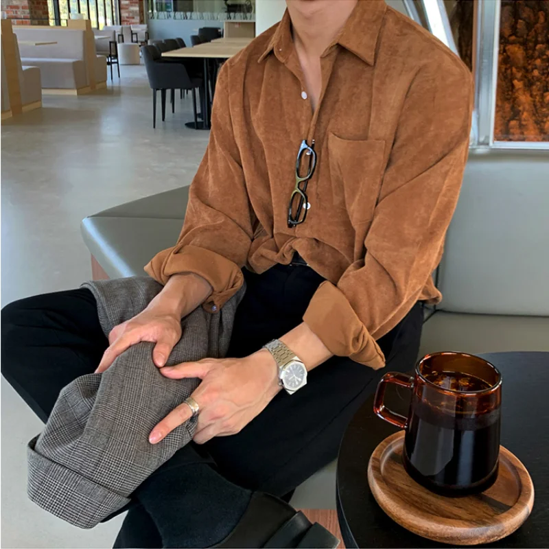 Mens Spring Autumn New Japanese Style Corduroy Retro Long Sleeve Shirt Korean Trendy Fashion Versatile Loose Outerwear Premium