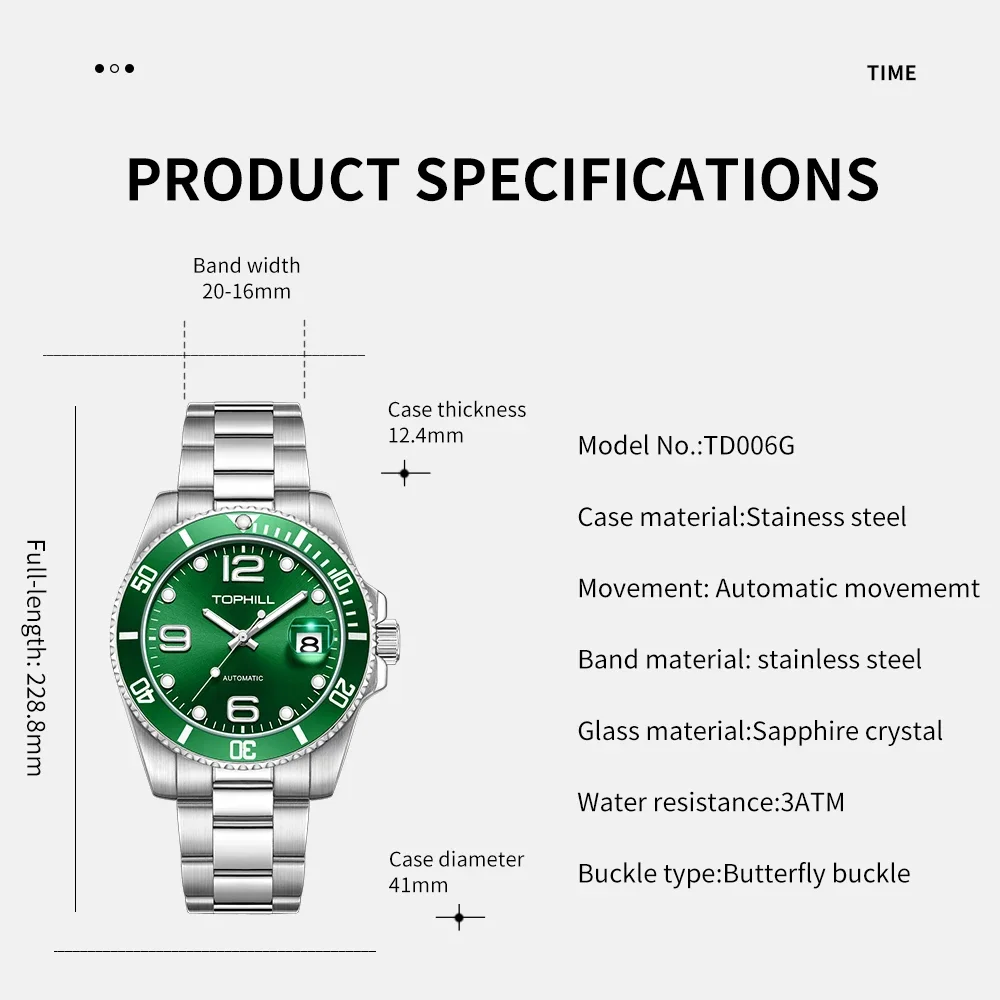 TOPHILL Men's Watches 2024 New Top Brand Luxury Automaitc Watch For Men 30M Waterproof Mechanical Wristwatch