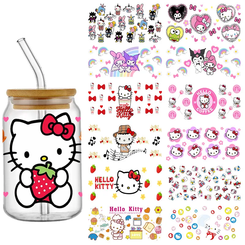 Miniso Hello Kitty Melody Kuromi 16OZ UV DTF Cup Wraps Naklejka transferowa do szklanej puszki Libbey Butelka Zmywalna DIY Niestandardowe