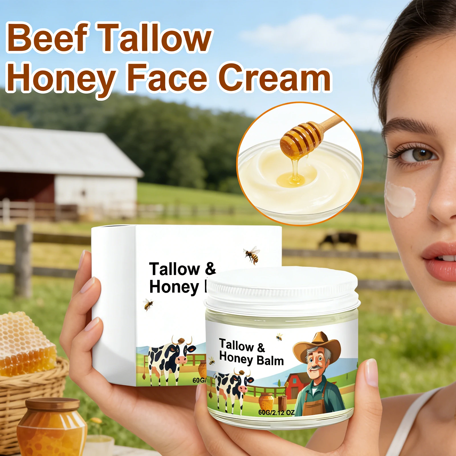 

Beef Tallow Honey Face Cream Daily Deep Moisturizing Smooth Easy Absorption Hydrating Repair For Dry Sensitive Skin Facial Care