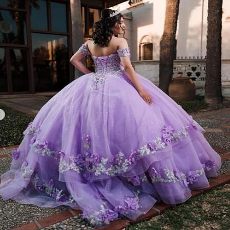 Vestido Lila brillante De quinceañera, 15 Años, 2022, Florals, sin hombros, esponjoso, dulce 16, lujoso Charro mejicano para baile De graduación