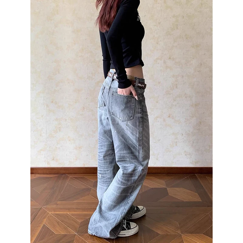 ZHIZOU Damen Grau Y2k Baggy Jeans Harajuku Vintage 90er Jahre Weites Bein Denim Hose Ästhetischer 2000er Jahre Stil Oversize Jeans Hose Herbst