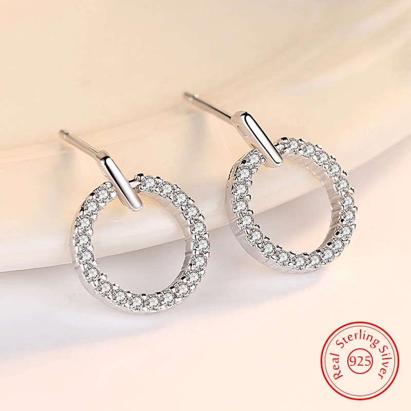 Real 925 Sterling Silver Woman's New Jewelry Fashion Round Crystal Zircon Stud Earrings XY0257