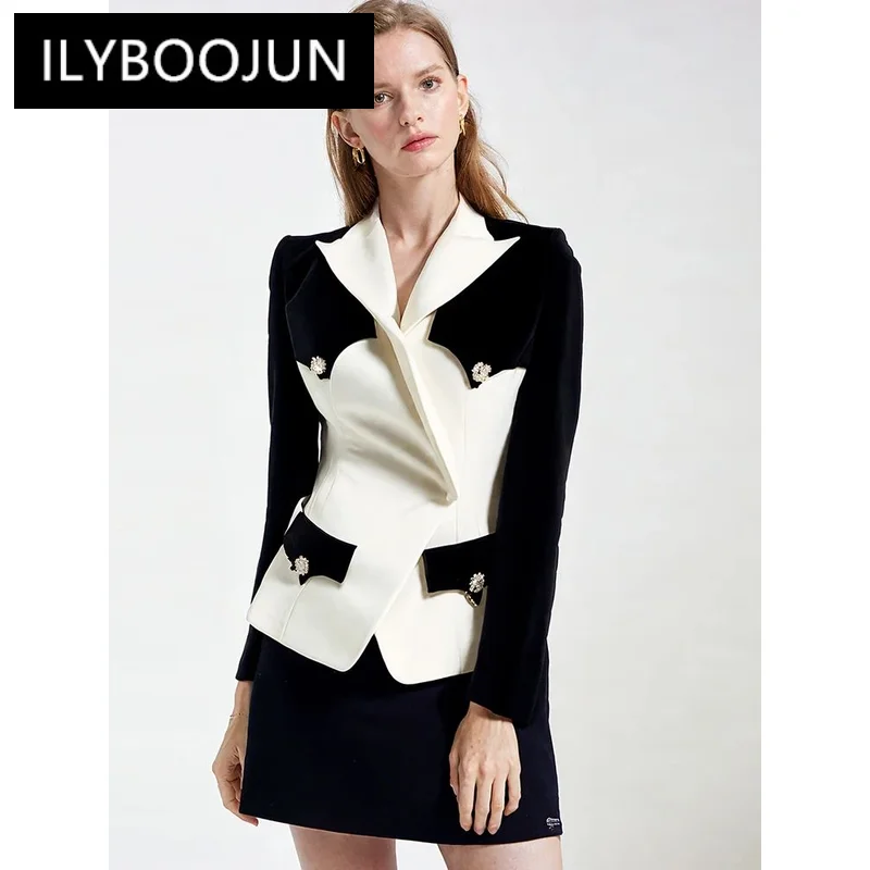 Black White Block Color Jacket Outfit For Women 2024 New Designer Fashion Contrast Slim Fit Diamond Button Suit Jackets Coat