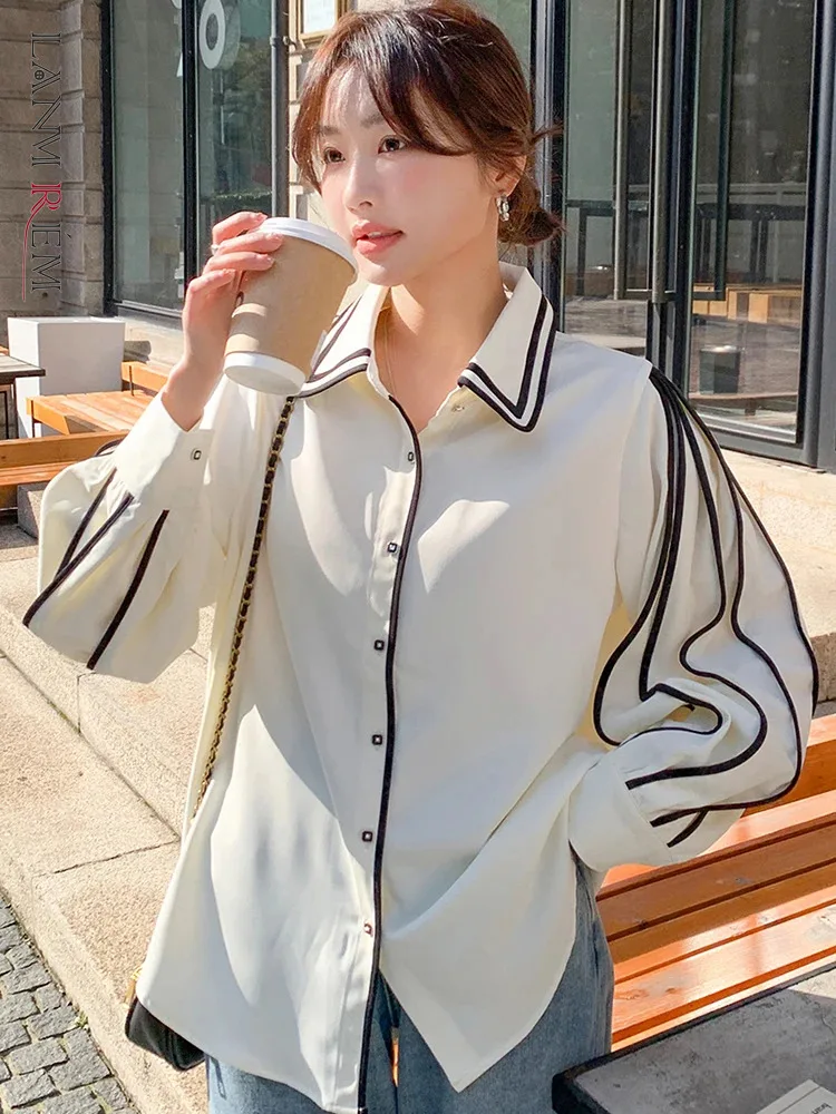 LANMREM Versatile Shirt For Women Lapel Lantern Sleeve Single Breasted Contrast Color Loose Blouses 2024 New Clothing 2Z1401