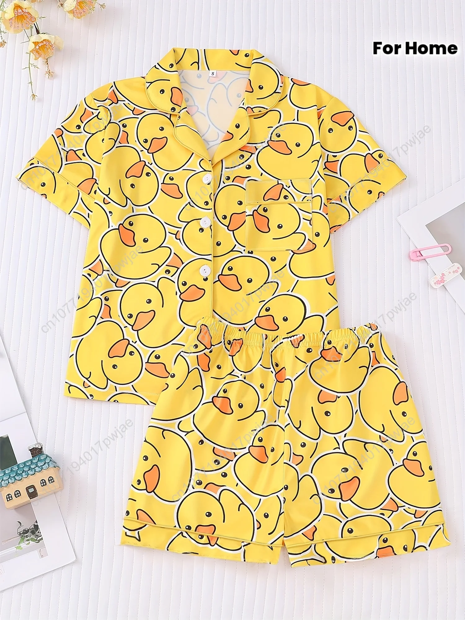 

[Cute Pajama Set] 2pcs Cute Yellow Duck Print Women's Pajama Set Short Sleeve Shirt with Collar Button Soft Top and Loose Elas