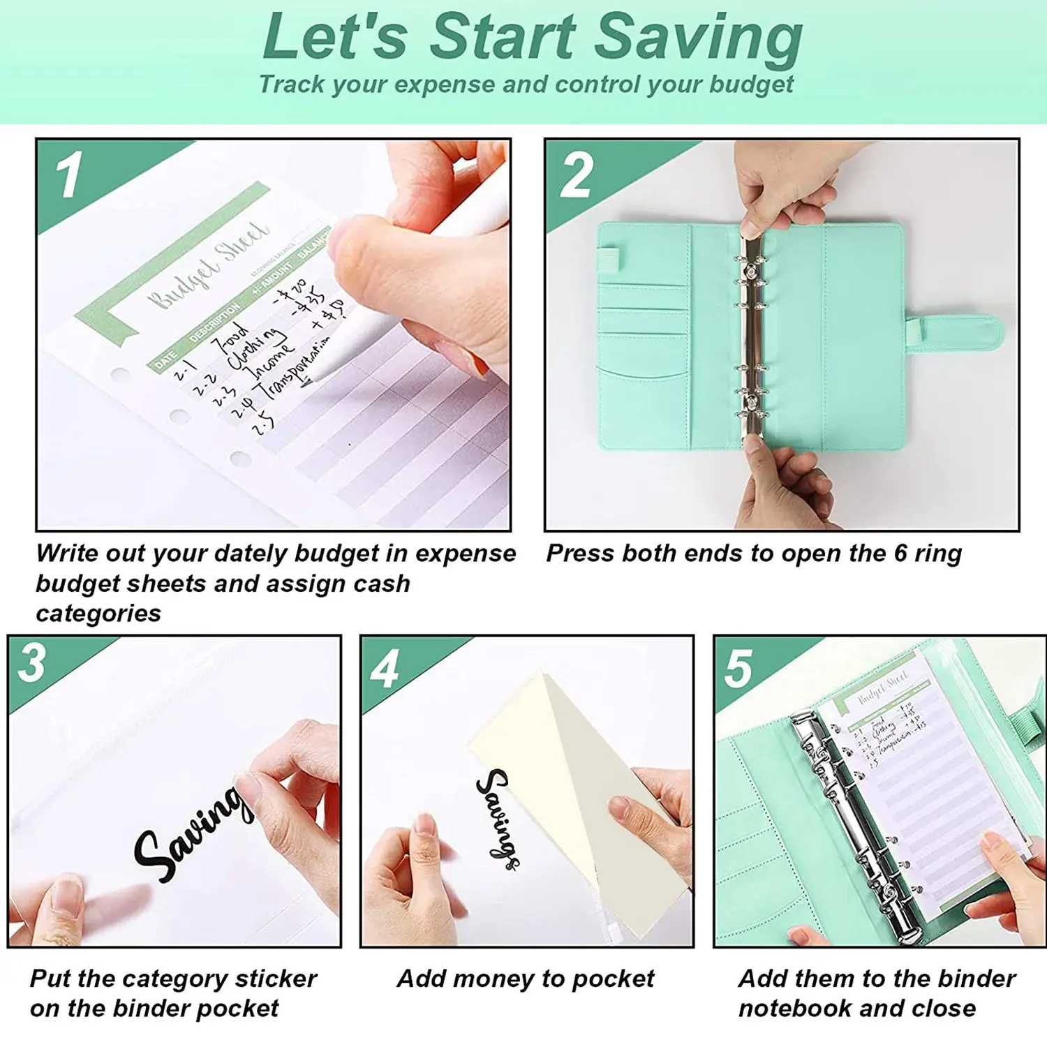 Notebook Binder Budget Planner,A6 Cash Envelope System Binder with Binder Pockets,Expense Budget Sheets(Green)