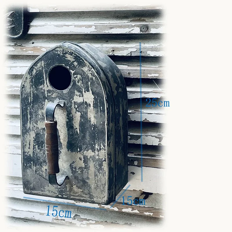 Rustic Distressed Metal Birdhouse Wall Decor, Vintage French Style Iron with Wooden Handle, Black Weathered Finish