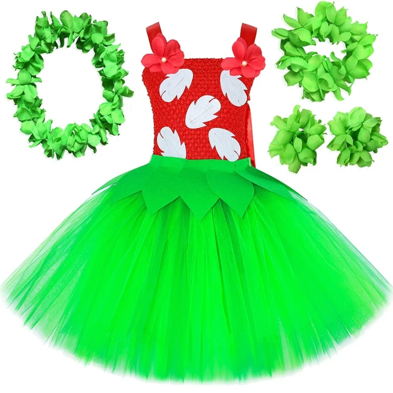 Jungle Fairy Cosplay Costume Red Leaf Print Sling Dress Green Tulle Skirt with Flower Garland Wristbands for Dress-up Gathering