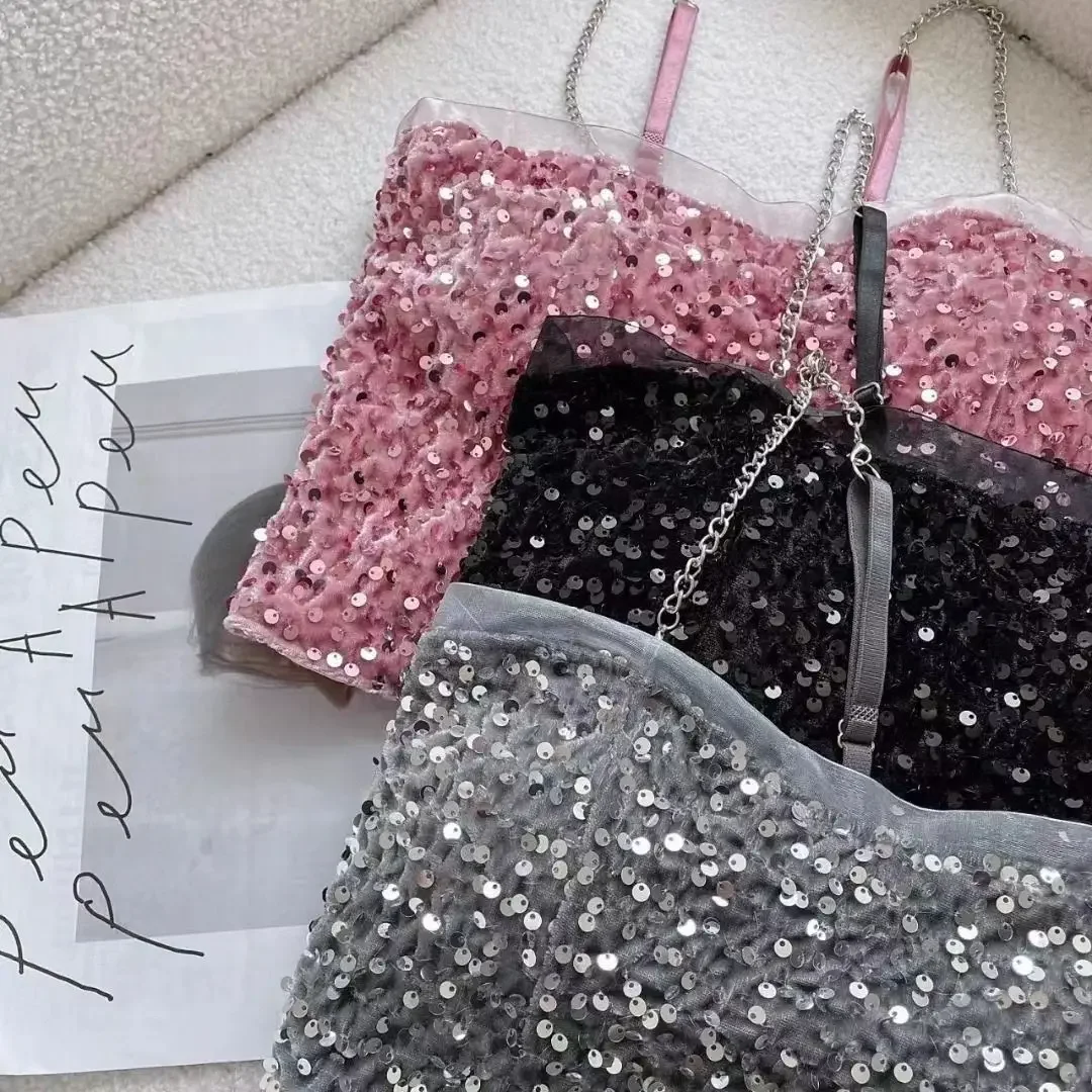 Sexy Y2k Crop Top Shiny Squins Bandeau Camisoles Summer New Fashion Cropped Slim Tank Top Women