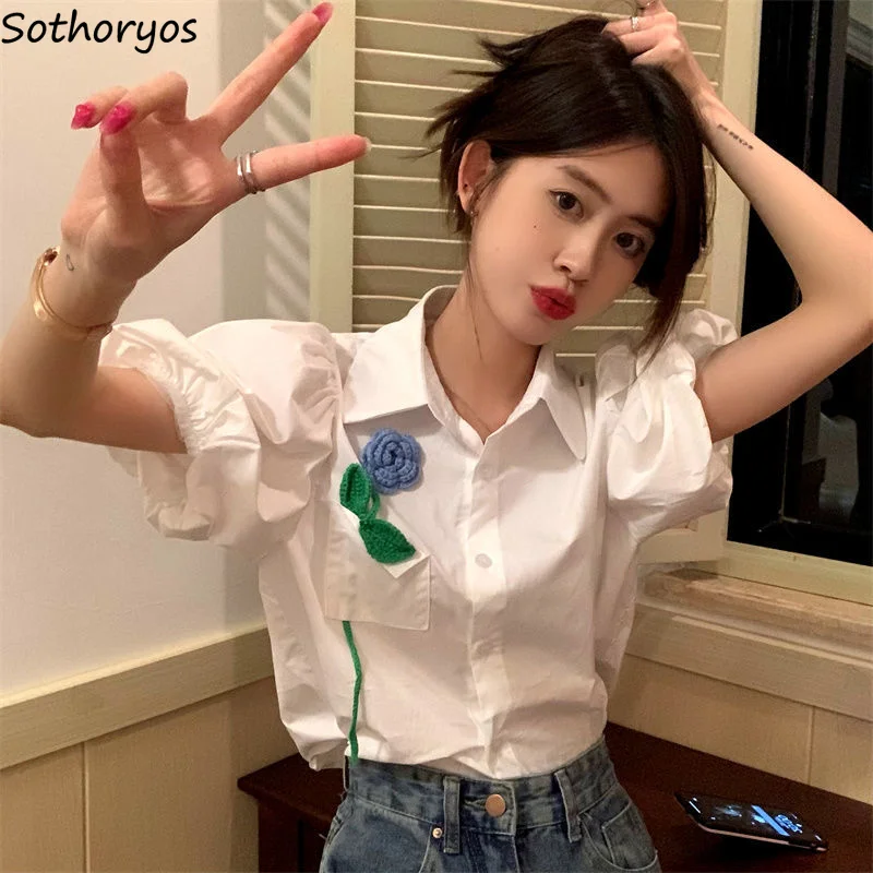 Shirts Women Puff Sleeve Students Basic Designer Daily Cute Simple Loose Summer Casual All-match Trendy Korean Style Comfortable