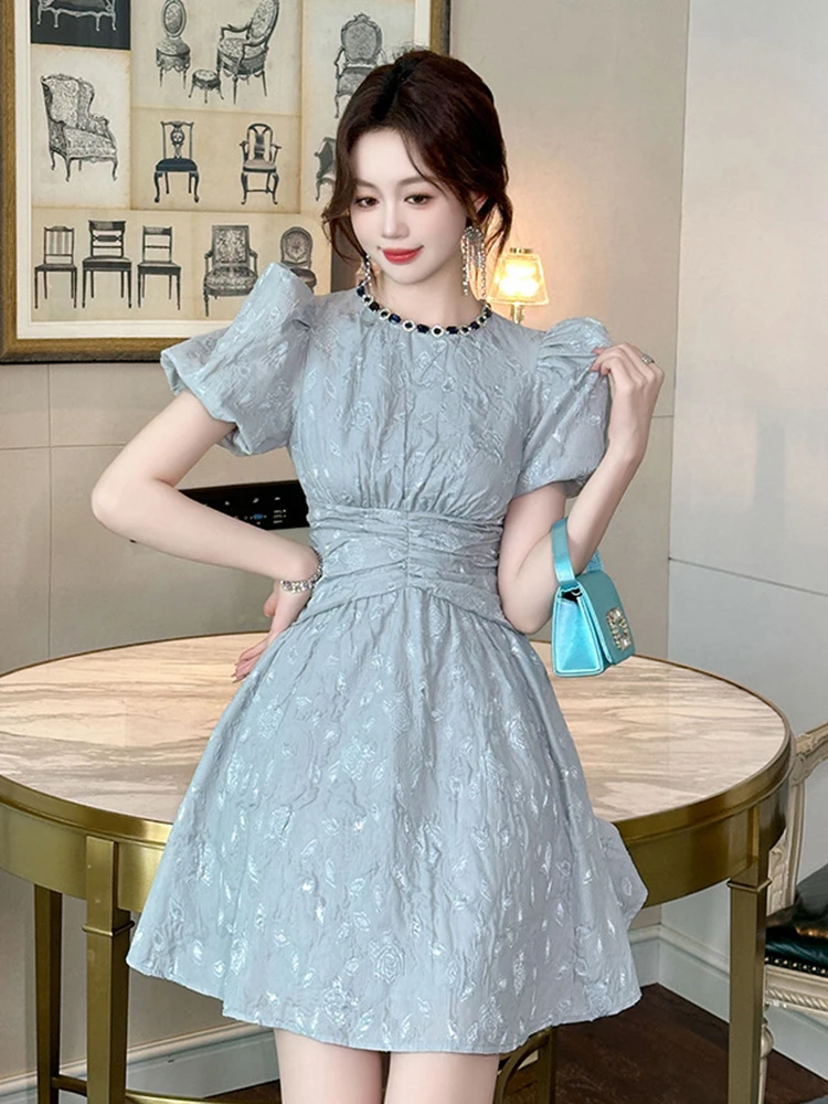 French Elegant Retro Mini Dress for Women Celebrtity Bubble Sleeve Corset Pleated Ball Gown Female Party Banquet Vestidos Mujer