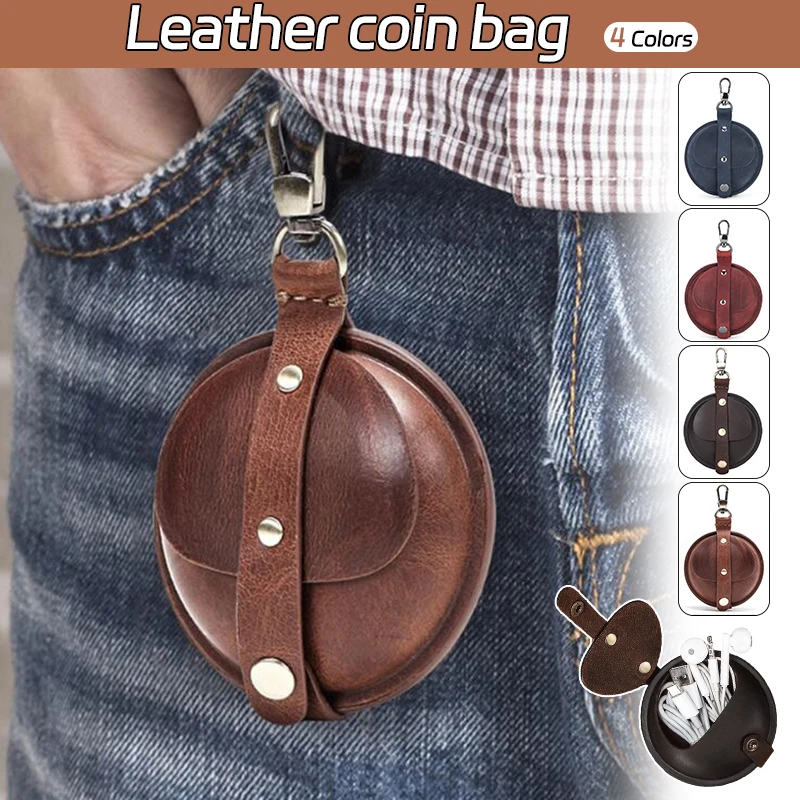 Medieval Retro Men Real Leather Wallet Crazy Horse Round Small Coin Purse Data Cable Earphone Storage Bag Protective Pocket