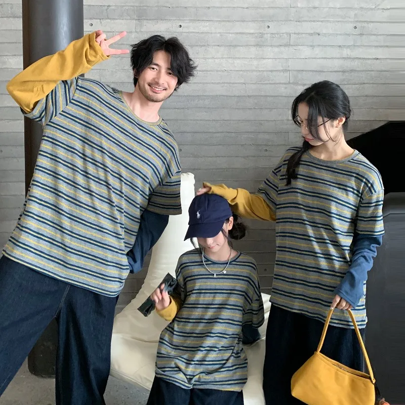 Family Matching Outfits Striped Long Sleeve T-shirt Fake Two Piece Design Mom Dad Son Daughter Parent-and-child Tees Loose Tops
