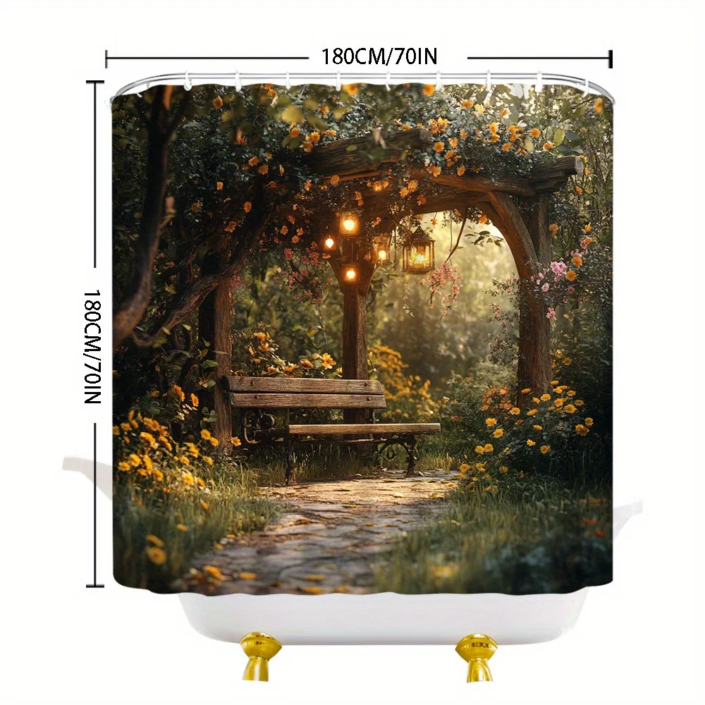 enchanted garden arch shower curtain with wooden bench lanterns and blooming flowers for romantic Free Hooks Included QuickSetup