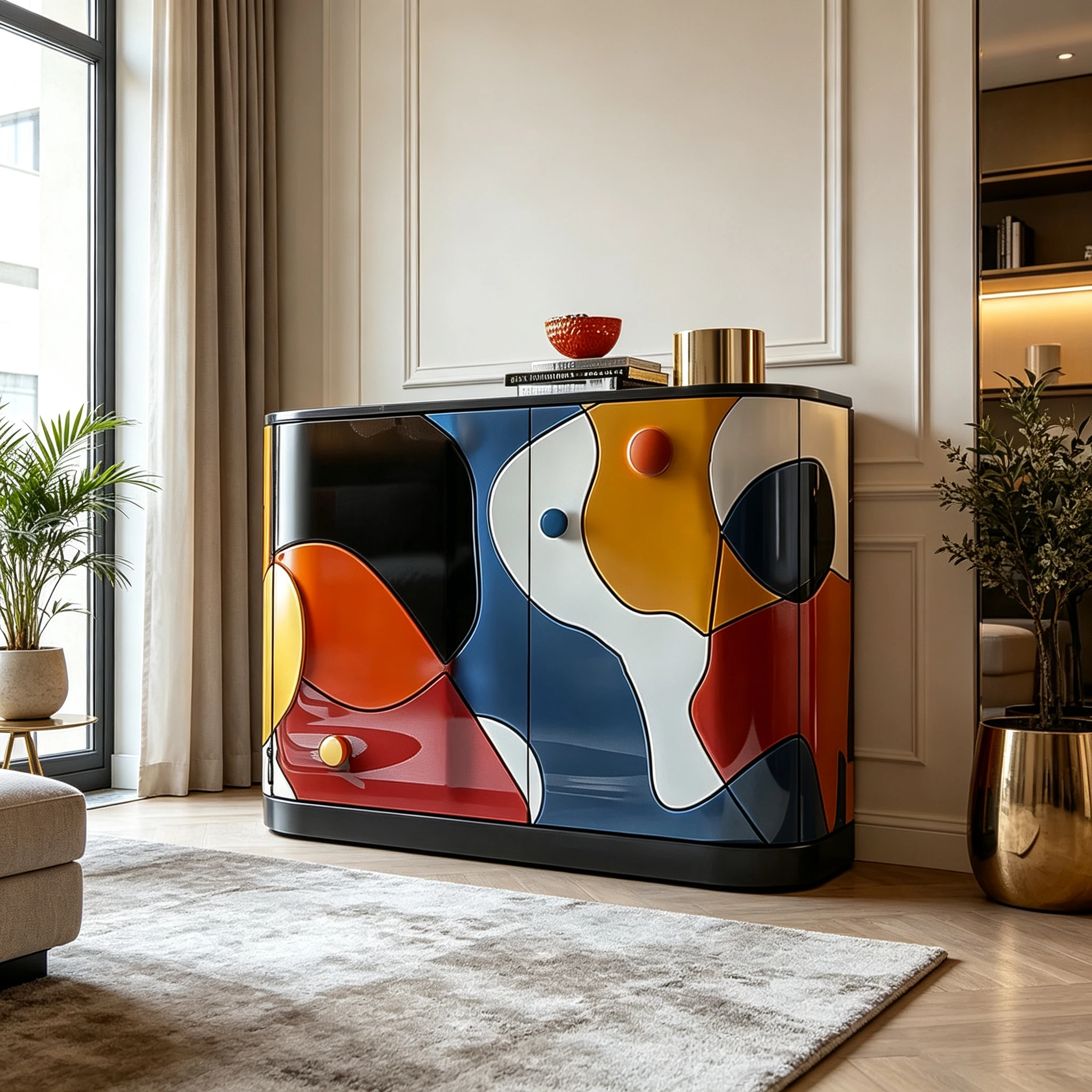 N*-Solid Multilayer Wood Storage Cabinet Abstract Glossy Color Block Rounded Corners