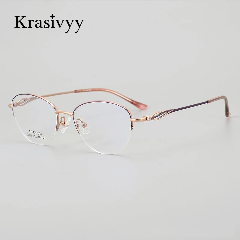 

Krasivyy Luxury Cat Eye Pure Titanium Glasses Frame Women Diamond Optical Prescription Eyeglasses Lady Brand Semi-Rim Eyewear