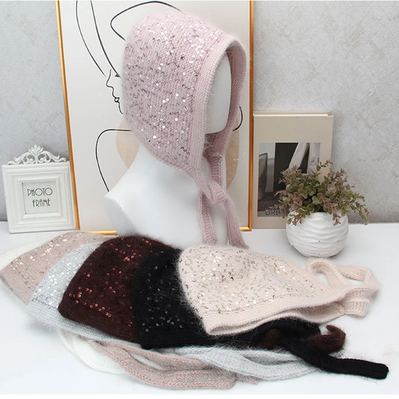 Sequined rabbit fur ear protection hat winter lace-up windproof knitted baotou hat female all-match face-showing little Lei Feng