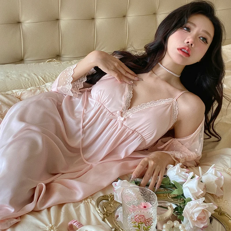 DAIMELU lady nightgown Sexy Pajamas Women's Spring and Summer Thin Ice Silk Suspender nightwear female sleepwear set girl nighty