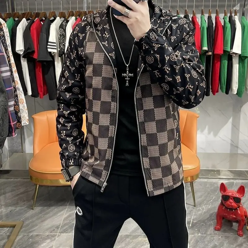 Europe Station high-end casual jacket men's trendy brand printing spring and autumn new men's hooded jacket thin trend