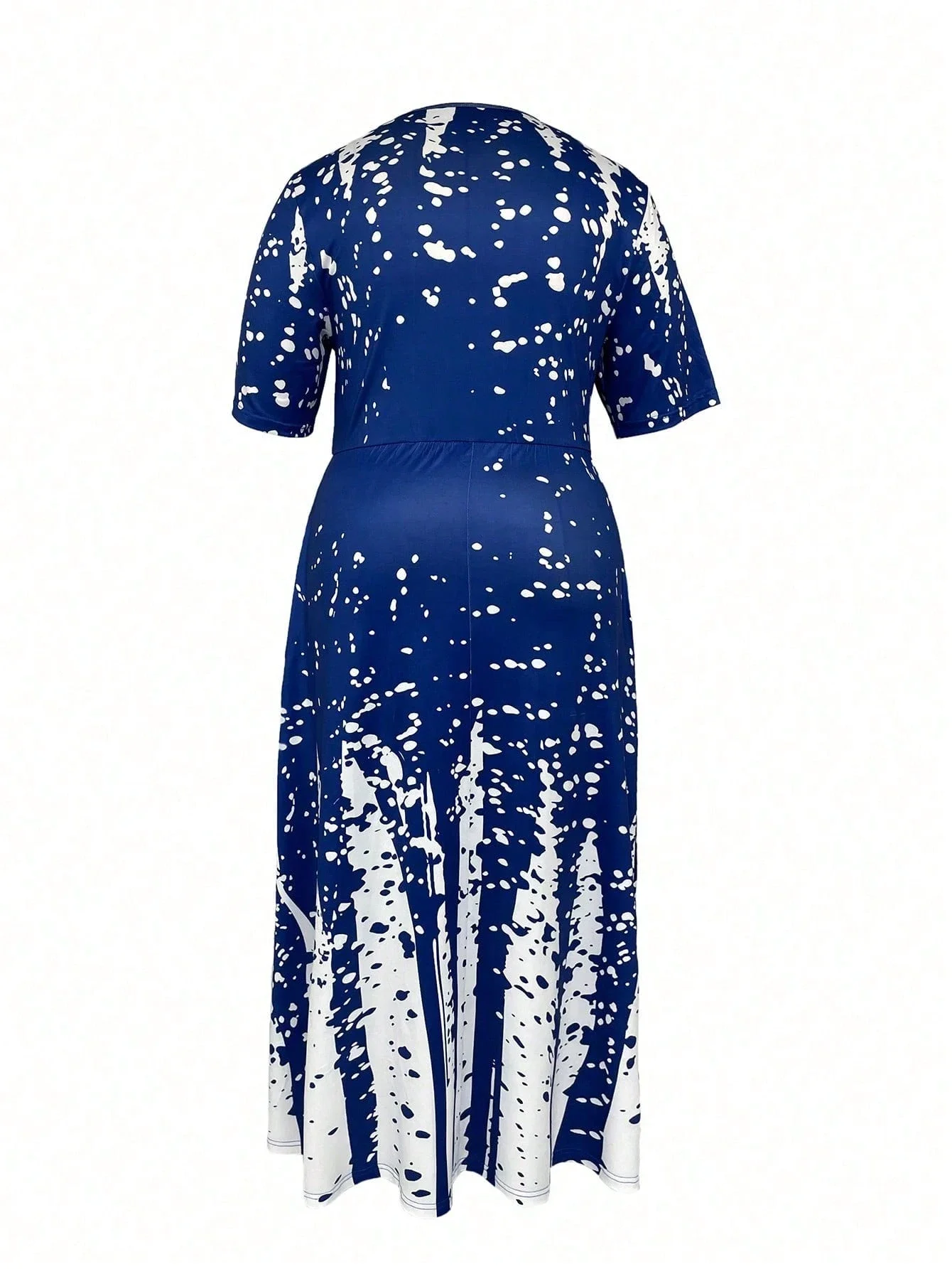 

Plus Size Blue White Print Casual Round Neck Short Sleeve Maxi Dress For Summer Fall