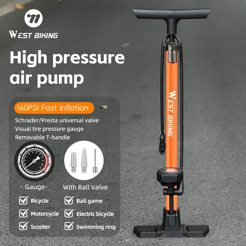 

WEST BIKING Bicycle Pump 160PSI Large Bicycle Pressure Gauge Multi-purpose Air Nozzle Labor-saving T-handle Cycling Hand Pump