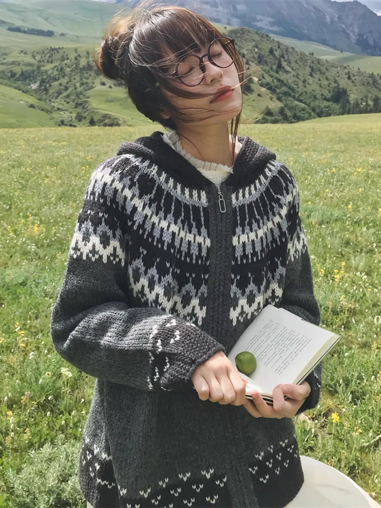 

114 см обхват груди, осенне-зимние кардиганы, свитера, женские винтажные элегантные свободные ретро-исландские шерстяные вязаные свитера с капюшоном