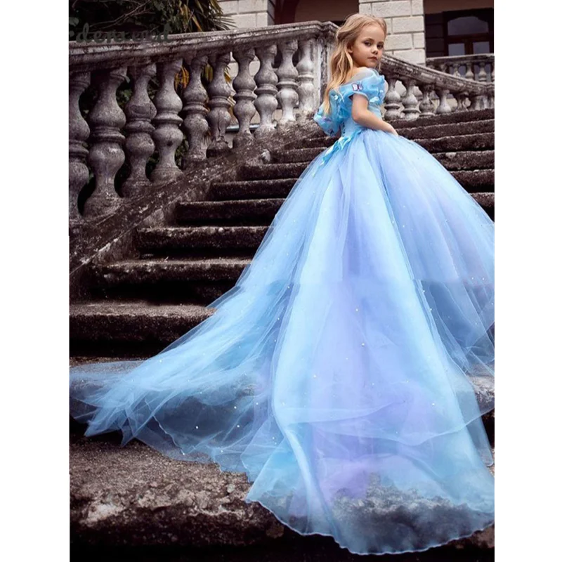 2024 New Princess Mermaid Dress For Little Girls Kids Sequined Tulle Elegant Blue Long Ball Gown Children Court Style Partywear