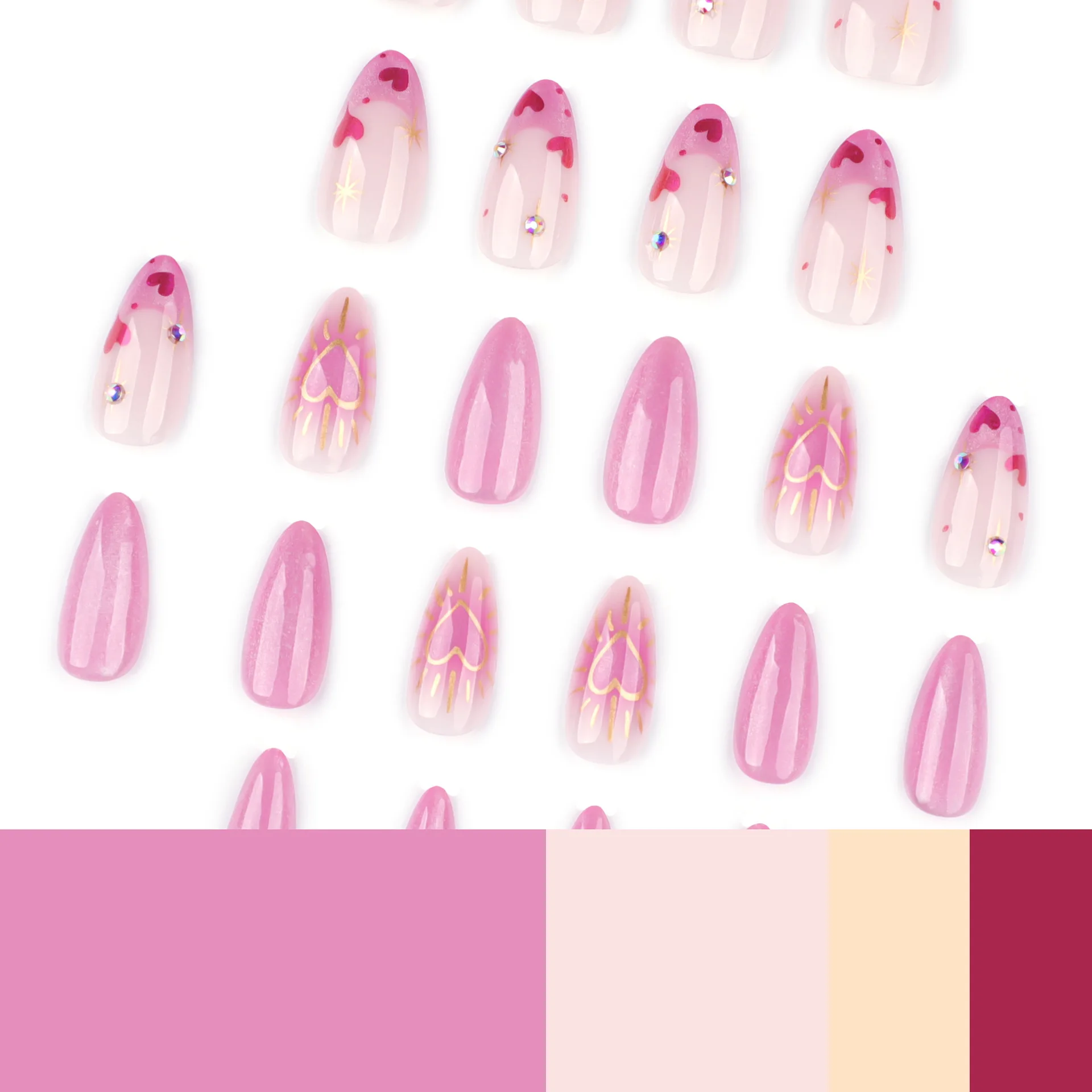 24 Stück süße Liebesnägel zum Aufdrücken, glänzend, französisches rosa Katzenauge, künstliche Nagelspitzen, vollständige Abdeckung, tragbar, mandelförmige falsche Nägel im koreanischen Stil
