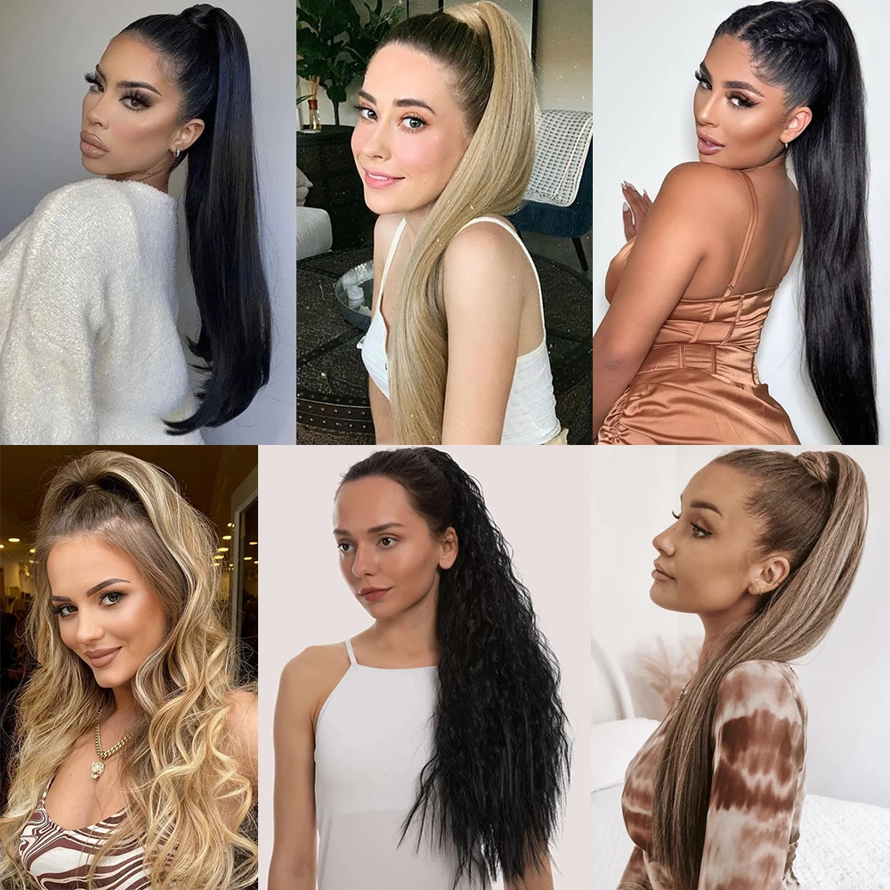 Extensions capillaires synthétiques longues et lisses à Clip, 24 pouces, queue de cheval résistante à la chaleur, pour femmes, fête quotidienne