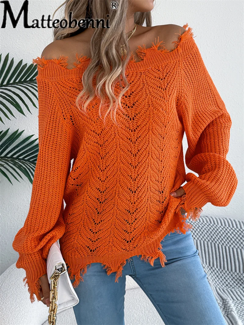 

2025 Autumn Winter Fashion off Shoulder Knitted Sweater Women Europe Casual Solid Hollow Pullovers Lady Sexy Long Sleeve Jumpers