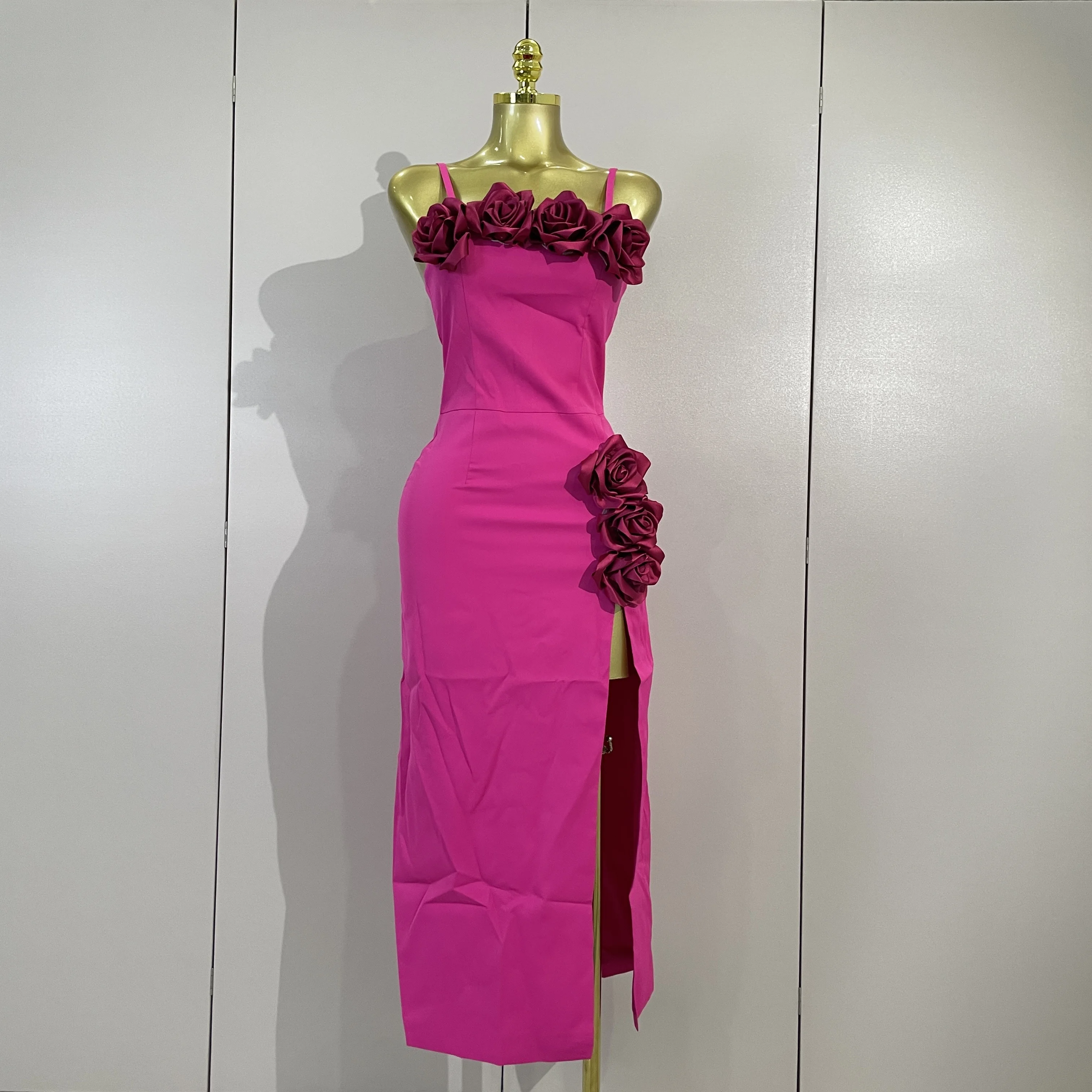 Womem Rose Red 3D Flowers Sexy Sleeveless Spaghetti Strap Split Midi Dress Celebrate Evening Party Birthday Dress Cocktail Gown