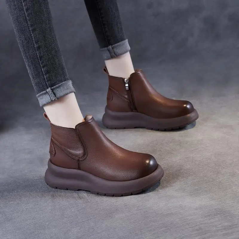 

Casual Chelsea Boots Thick Bottom Women's Boots Winter Warm Fleece Lined Leather Boots Mom's Short Boots Side Zipper