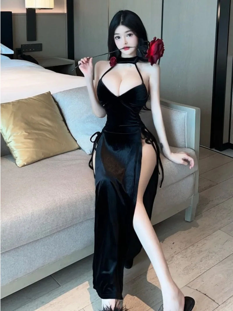 

WOMENGAGA Fashion Sweet Dress Sexy Spicy Girl Hanging Neck Velvet Hollow Out Split Dress Elegant 2023 New Sweet Tops 3YW8